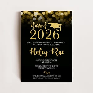 Editable Black & Gold Graduation Invitation – Class of 2026 Graduation ...