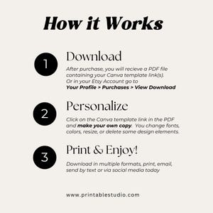 May include: An instructional graphic titled How it Works with three numbered black circles. Step 1: Download, Step 2: Personalise, and Step 3: Print & Enjoy! include detailed text instructions for using a Canva template. The website www.printablestudio.com is at the bottom.