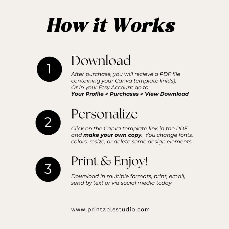 May include: An instructional graphic titled How it Works with three numbered black circles. Step 1: Download, Step 2: Personalise, and Step 3: Print & Enjoy! include detailed text instructions for using a Canva template. The website www.printablestudio.com is at the bottom.