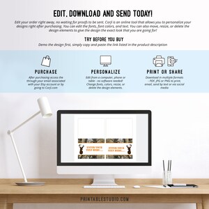May include: A computer screen displaying a printable design template for a hunting-themed party. The template features a camouflage pattern with a deer silhouette and the text "Enter your text here..." in a brown font. The design is available for purchase and customization online.