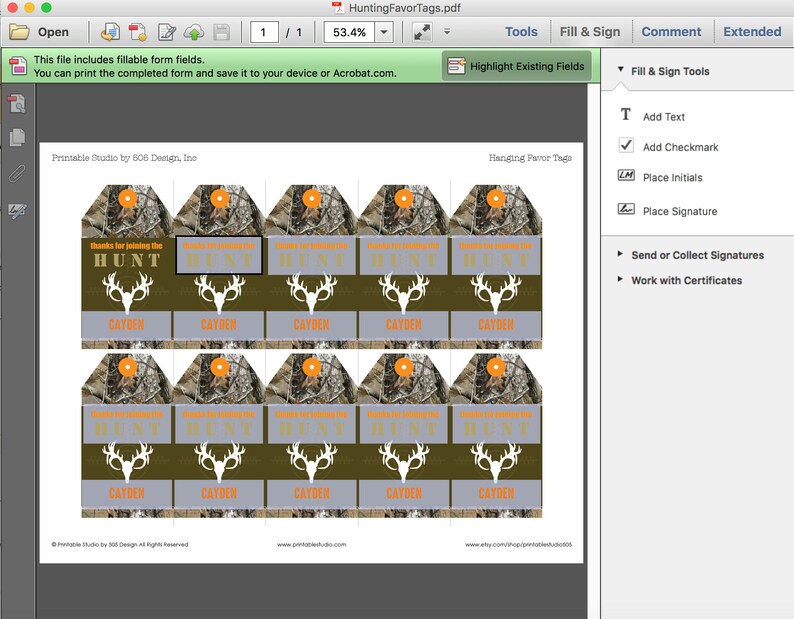 Hunting Party Favor Tags Printable Hunting Favor Tags Camo Etsy