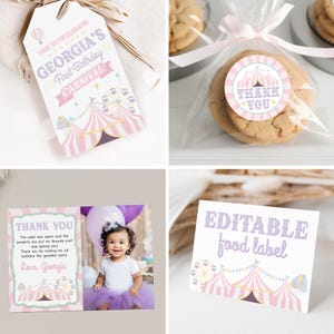 K&ouml;nnte beinhalten: Druckbare Party-Geschenk-Etiketten mit einem rosafarbenen und violetten Zirkus-Thema. Die Etiketten zeigen ein Zelt, ein Riesenrad und Ballons. Der Text auf dem Etikett lautet "Vielen Dank f&uuml;r die Feier von Georgias erstem Geburtstag im Karneval".