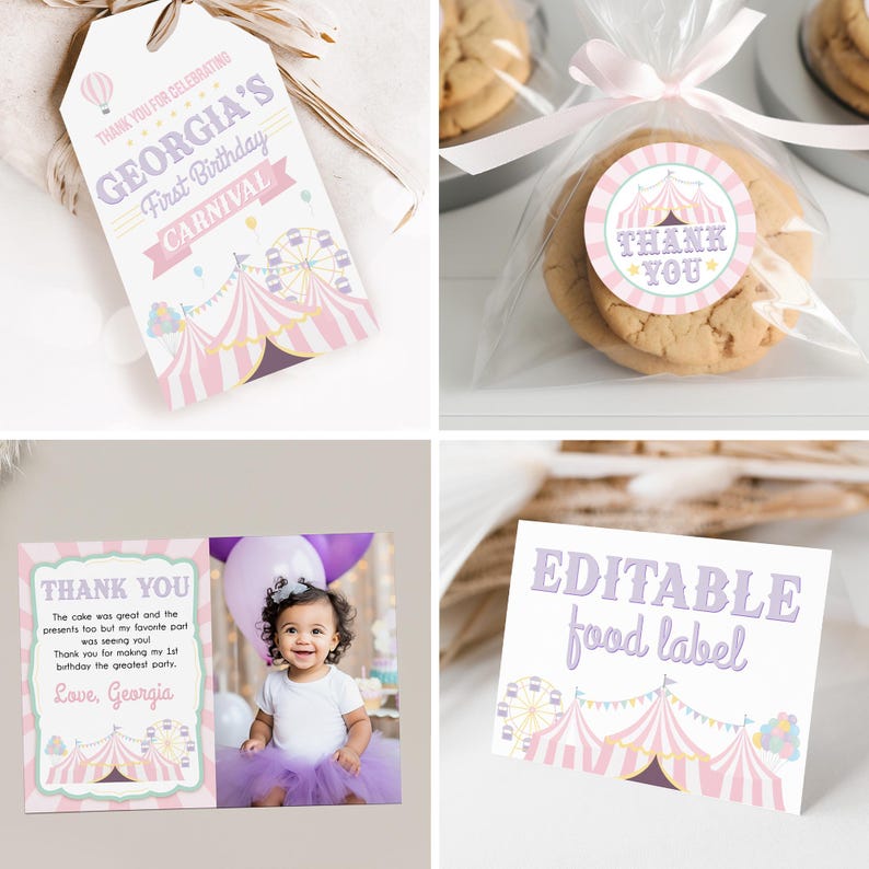 K&ouml;nnte beinhalten: Druckbare Party-Geschenk-Etiketten mit einem rosafarbenen und violetten Zirkus-Thema. Die Etiketten zeigen ein Zelt, ein Riesenrad und Ballons. Der Text auf dem Etikett lautet "Vielen Dank f&uuml;r die Feier von Georgias erstem Geburtstag im Karneval".