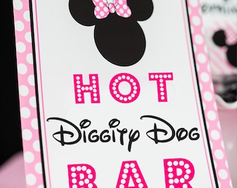 Hot Diggity Dog Bar Sign - Pink Minnie Mouse Party Sign - Pink Minnie Mouse Hot Dog Sign by Printable Studio