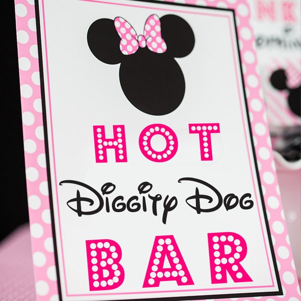 Hot Diggity Dog Bar Sign - Pink Minnie Mouse Party Sign - Pink Minnie Mouse Hot Dog Sign by Printable Studio