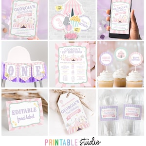 K&ouml;nnte beinhalten: Pastellrosa und lilafarbene Karnevals-Partydekorationen mit einem Zirkuszelt-Thema. Das Set beinhaltet druckbare Einladungen, Lebensmitteletiketten, Cupcake-Topper, Wasserflaschenetiketten und ein Banner mit der Aufschrift "Eins".