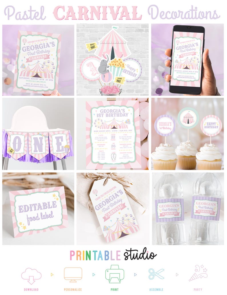 K&ouml;nnte beinhalten: Pastellrosa und lilafarbene Karnevals-Partydekorationen mit einem Zirkuszelt-Thema. Das Set beinhaltet druckbare Einladungen, Lebensmitteletiketten, Cupcake-Topper, Wasserflaschenetiketten und ein Banner mit der Aufschrift "Eins".