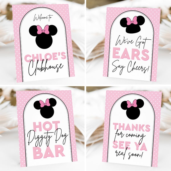 Editable Minnie Party Signs in Light Pink Modern Minnie Mouse Party Signs Printable Set of Minnie Mouse Signs Minnie Party Signs