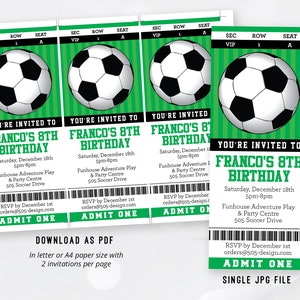 May include: Green and white soccer ticket invitation for Franco's 8th birthday party. The invitation features a soccer ball graphic and the text "You're invited to Franco's 8th Birthday". The party is on Saturday, December 18th from 5pm to 8pm at Funhouse Adventure Play & Party Centre, 505 Soccer Drive. RSVP by December 1st at orders@505-design.com.
