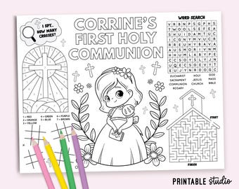 Jogo americano para colorir da Primeira Comunhão das meninas: Página de atividades imprimível 8002 (Arquivo digital)