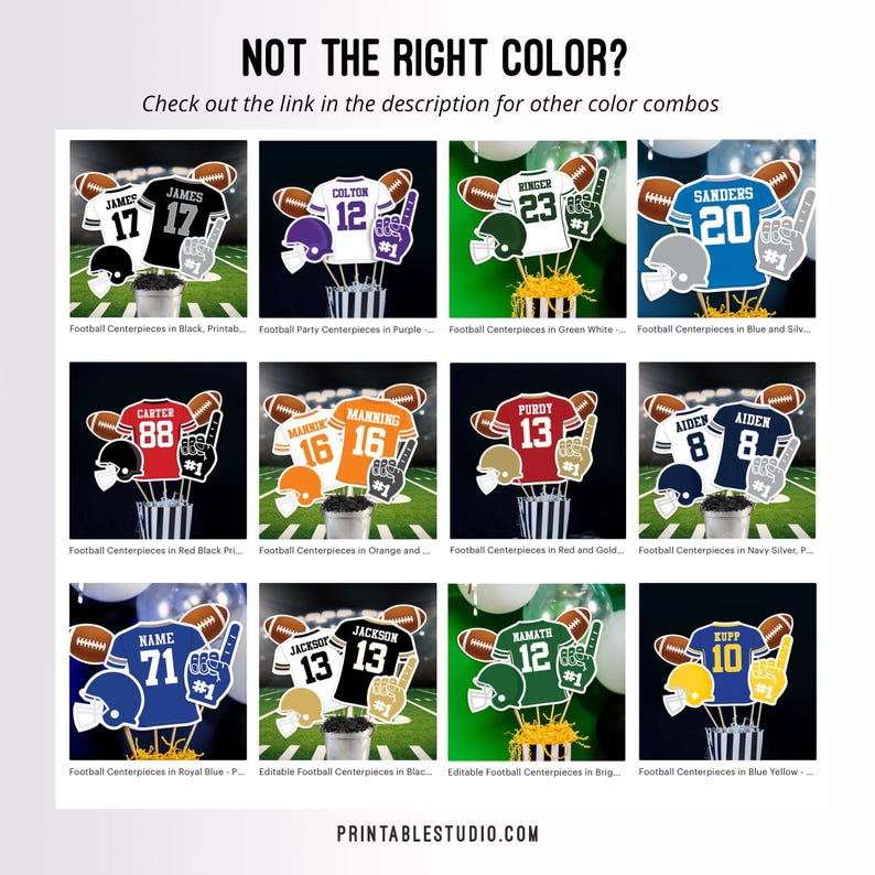 May include: Football party centrepieces in various colours, featuring a football jersey, football, and a number one hand. The centrepieces are displayed on a white background with the text "NOT THE RIGHT COLOR?" and "Check out the link in the description for other colour combos".