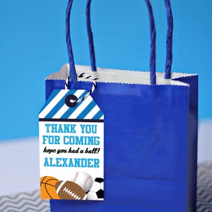 May include: Blue gift bag with a white and blue striped tag that says "Thank you for coming, hope you had a ball! Alexander". The tag has a graphic of a basketball, baseball, football, and soccer ball.