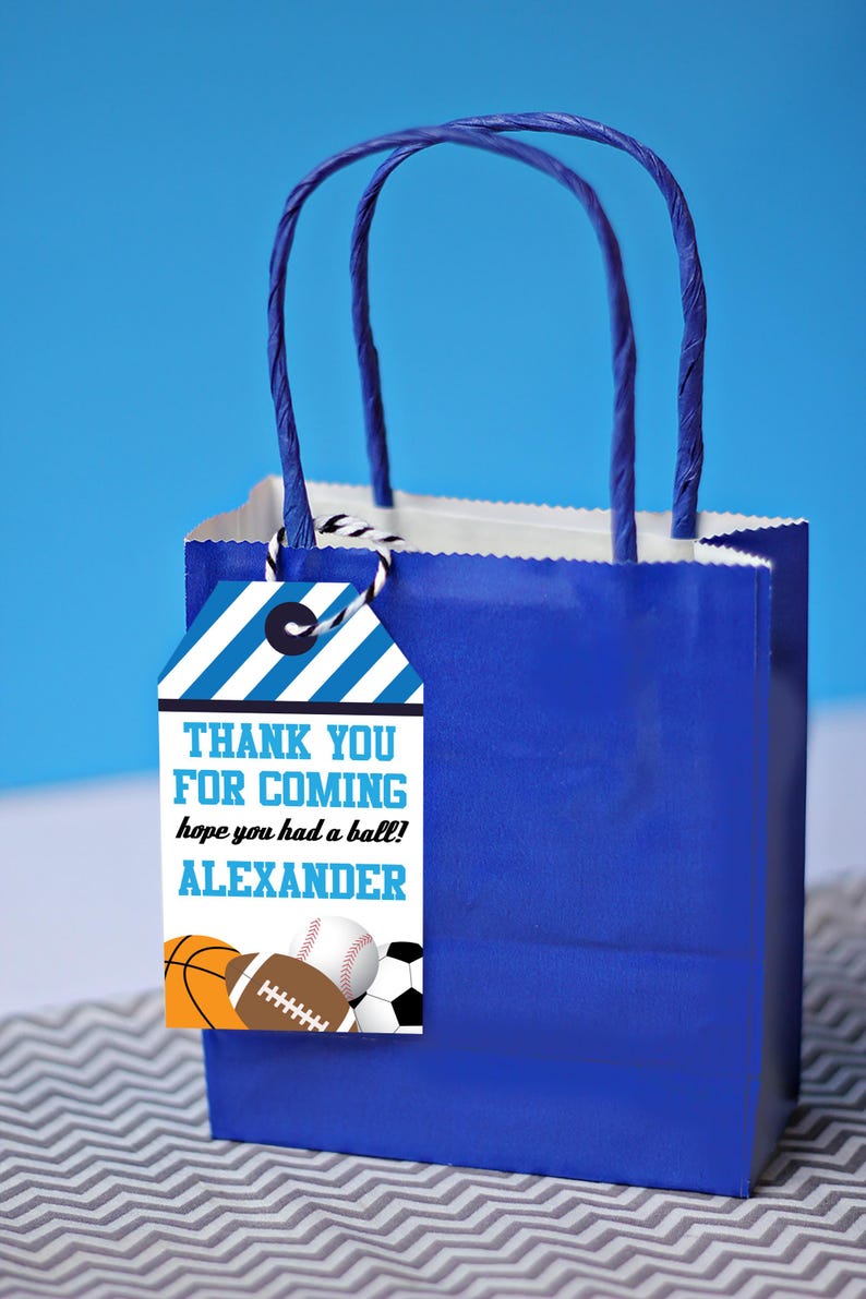 May include: Blue gift bag with a white and blue striped tag that says "Thank you for coming, hope you had a ball! Alexander". The tag has a graphic of a basketball, baseball, football, and soccer ball.