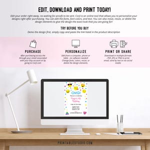 May include: A computer screen displaying a printable invitation with a colorful emoji theme. The invitation is for a birthday party and includes the text "OMG! It's [Name]'s 13th Birthday".