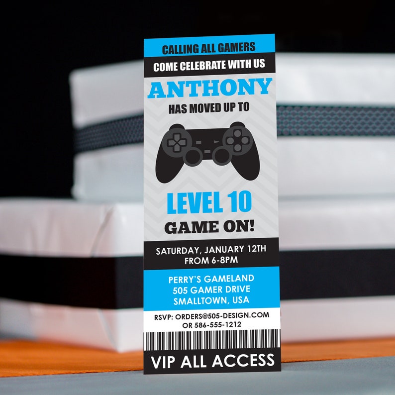 May include: A blue and white invitation for a video game themed party. The invitation reads "Calling all gamers, come celebrate with us Anthony has moved up to level 10, game on!" The invitation also includes the date, time, and location of the party.