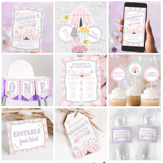 Editable Carnival Birthday Decorations in Pastel Carnival Party HUGE Printable Circus Birthday Set Girls 1st Birthday Ideas Pastel Carnival