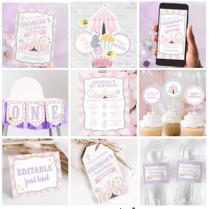 K&ouml;nnte beinhalten: Rosa und lilafarbene, druckbare Partydekorationen f&uuml;r einen ersten Geburtstag mit Zirkus-Thema. Das Set beinhaltet ein Banner, Cupcake-Topper, Wasserflaschenetiketten, Lebensmitteletiketten, ein Schild und einen Kuchentopper.