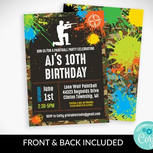 Pu&ograve; includere: Un invito a una festa di paintball su sfondo mimetico nero e verde per celebrare un decimo compleanno. L'invito include il testo "AJ's 10th Birthday", "June 1st", "2:30-5PM", "Lone Wolf Paintball", "44323 Reynolds Drive", "Clinton Township, MI", "Coveralls will be provided. Please wear play clothes", e "RSVP to Cathy printablestudio@gmail.com".