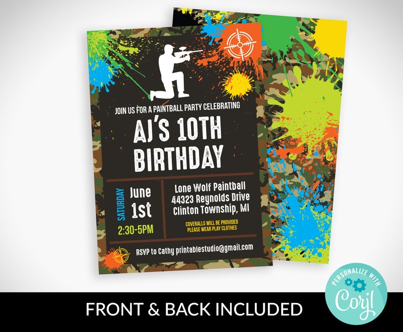 Pu&ograve; includere: Un invito a una festa di paintball su sfondo mimetico nero e verde per celebrare un decimo compleanno. L'invito include il testo "AJ's 10th Birthday", "June 1st", "2:30-5PM", "Lone Wolf Paintball", "44323 Reynolds Drive", "Clinton Township, MI", "Coveralls will be provided. Please wear play clothes", e "RSVP to Cathy printablestudio@gmail.com".