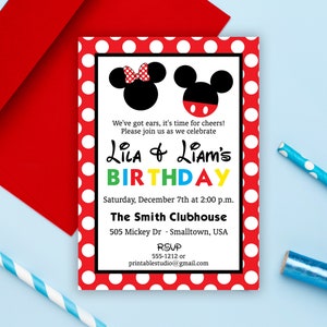 May include: A birthday invitation featuring Mickey and Minnie Mouse silhouettes. The invitation has a red polka dot border and includes the text "Lila & Liam's BIRTHDAY" and event details. A red envelope is visible in the background.