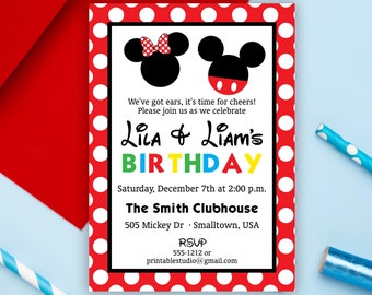 Editable Mickey Minnie Birthday Party Invitation, Joint Birthday Party Invitation Template (digital file)