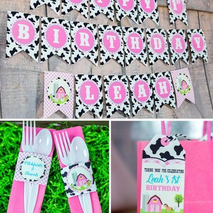 May include: Pink and black cow print banner with the words "Happy 1st Birthday Leah".  The banner is decorated with farm animals and a red barn.  There are also pink and black cow print favor tags with the text "Thank Moo for Celebrating Leah's 1st Birthday".