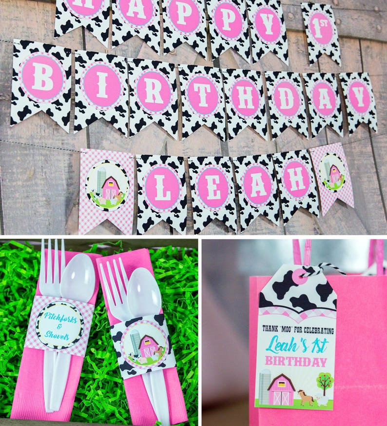 May include: Pink and black cow print banner with the words "Happy 1st Birthday Leah".  The banner is decorated with farm animals and a red barn.  There are also pink and black cow print favor tags with the text "Thank Moo for Celebrating Leah's 1st Birthday".