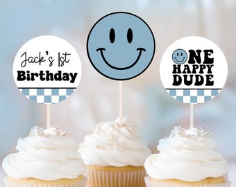 One Happy Dude Cupcake Toppers Smiley Face with Round Eyes Canva 0199 (Digital Download)