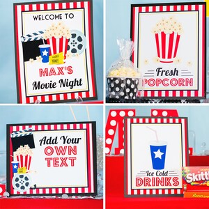 May include: A collage of movie night themed signs. One sign reads "Welcome to Max's Movie Night" with popcorn and film reel graphics. Another says "Fresh Popcorn". A third sign says "Add Your Own Text". The last sign says "Ice Cold Drinks".