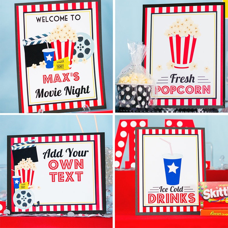 May include: A collage of movie night themed signs. One sign reads "Welcome to Max's Movie Night" with popcorn and film reel graphics. Another says "Fresh Popcorn". A third sign says "Add Your Own Text". The last sign says "Ice Cold Drinks".