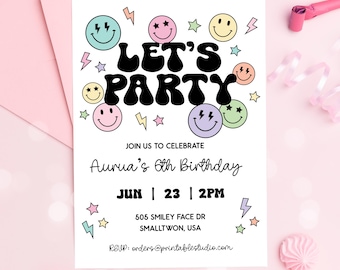 Editable Smiley Invitation in Pastel, Let's Party Smiley Canva Template 2012 (digital file)