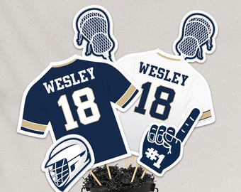 Decoração de mesa para lacrosse em azul marinho, dourado e branco, modelo para banquete de lacrosse em Canva (arquivo digital)
