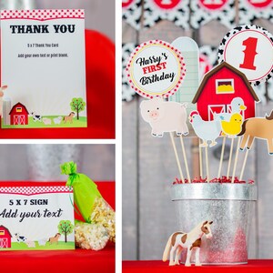 May include: Barnyard themed party decorations with a red barn, pig, chicken, horse, and a number one sign. The decorations are on sticks and in a silver bucket. There is also a thank you card and a sign that says "Harry's First Birthday".