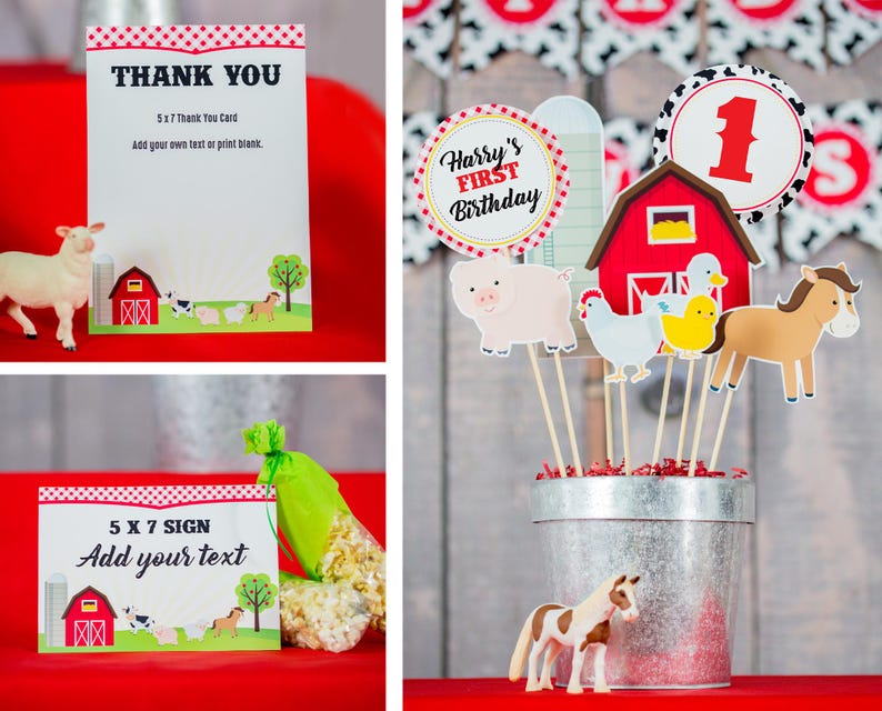 May include: Barnyard themed party decorations with a red barn, pig, chicken, horse, and a number one sign. The decorations are on sticks and in a silver bucket. There is also a thank you card and a sign that says "Harry's First Birthday".