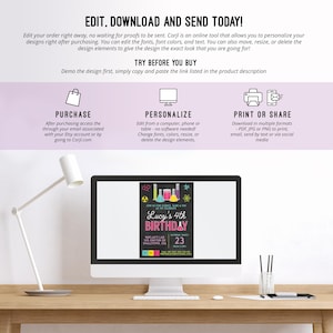 Pu&ograve; includere: Un monitor di computer mostra un invito di compleanno colorato con il testo "Lucy's 4th Birthday". L'invito presenta grafiche a tema scientifico e le parole "Join us for Science, Slime & Fun". Sono mostrate anche le istruzioni.