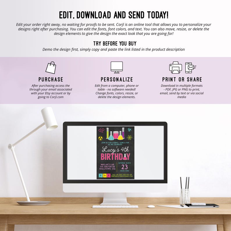 Pu&ograve; includere: Un monitor di computer mostra un invito di compleanno colorato con il testo "Lucy's 4th Birthday". L'invito presenta grafiche a tema scientifico e le parole "Join us for Science, Slime & Fun". Sono mostrate anche le istruzioni.