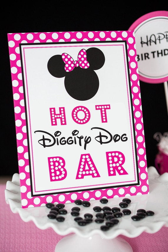 Hot Diggity Dog Bar Sign - Hot Pink Minnie Mouse Party Sign - Bright Pink Minnie Mouse Hot Dog Sign by Printable Studio Il_570xn
