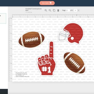 Puede incluir: Decoraciones de fiesta imprimibles con tem&aacute;tica de f&uacute;tbol. El conjunto incluye un casco de f&uacute;tbol, una pelota de f&uacute;tbol, un dedo de espuma con el n&uacute;mero uno y dos balones de f&uacute;tbol. Las decoraciones son rojas y marrones.