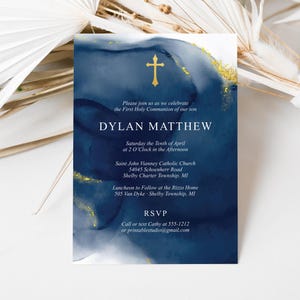 First Communion Invitation for Boys - Communion Invitations Boys - Navy Watercolor First Communion Invitation - Communion Invitation