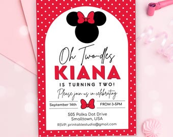 Editable Minnie Birthday Invitation Red Modern Minnie Invitation Minnie Mouse Birthday Invitation Oh Twoodles Invitation Minnie 2nd Birthday