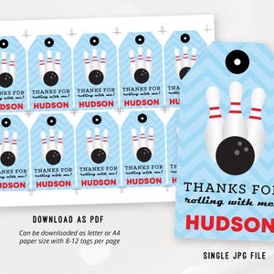 May include: Blue and white printable favor tags with a bowling ball and pins design. The text on the tags reads "Thanks for rolling with me! Hudson".