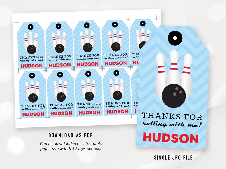 May include: Blue and white printable favor tags with a bowling ball and pins design. The text on the tags reads "Thanks for rolling with me! Hudson".