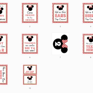 以下が含まれることがあります： ミニーマウスをテーマにしたパーティーサインのコレクション。各サインには、赤と白のドット柄のリボンが付いたミニーの頭の黒いシルエットが描かれています。テキストには「Name's Clubhouseへようこそ」と「Come Inside It's Fun Inside」が含まれています。
