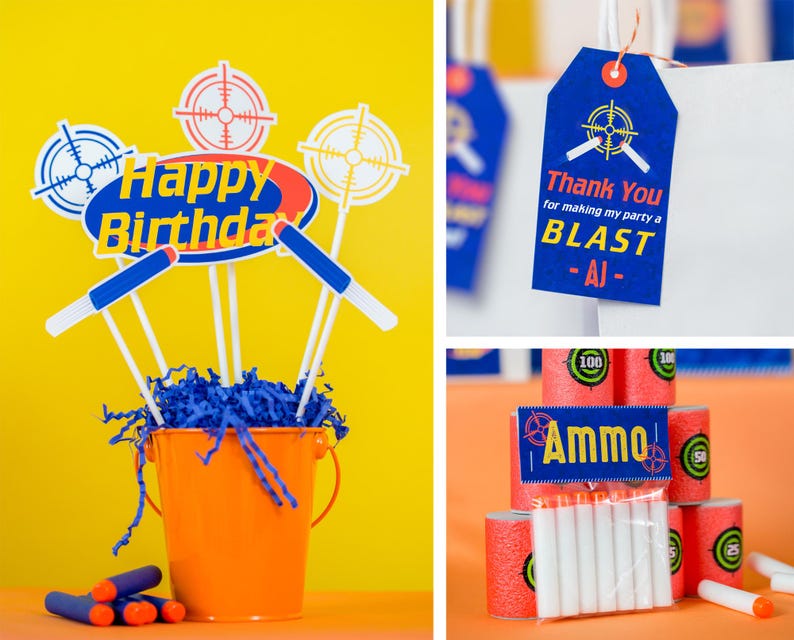 May include: A blue and yellow birthday party centerpiece with a bucket filled with blue tissue paper and topped with a Happy Birthday banner and target decorations. The centerpiece is surrounded by blue and white target-shaped decorations.