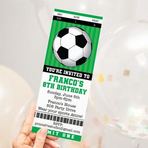 May include: Green and white soccer ticket invitation for Franco's 8th birthday party. The invitation features a soccer ball graphic and the text "You're invited to Franco's 8th Birthday". The party details include the date, time, location, and a request to wear sports attire. RSVP information is also included.