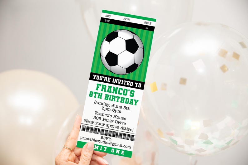 May include: Green and white soccer ticket invitation for Franco's 8th birthday party. The invitation features a soccer ball graphic and the text "You're invited to Franco's 8th Birthday". The party details include the date, time, location, and a request to wear sports attire. RSVP information is also included.