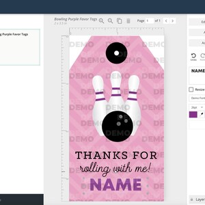 May include: Purple and white bowling pin favor tags with the text "Thanks for rolling with me!" and a space for a name. The background is a pink and white chevron pattern.