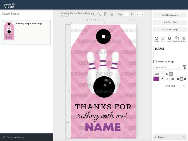 May include: Purple and white bowling pin favor tags with the text "Thanks for rolling with me!" and a space for a name. The background is a pink and white chevron pattern.