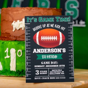 May include: A black and green invitation card with a football graphic and the text "It's Game Time!"  Huddle up as we kick off Anderson's 8th Birthday. Game Day: Sunday, December 15th. 3 o'clock kickoff. Smith Field 505 Football Dr. Smalltown, USA. RSVP: Coach Mom 555-1212.