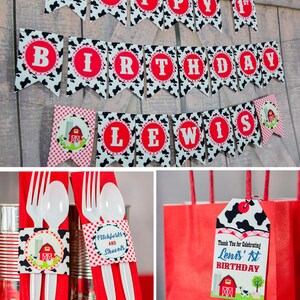 May include: A red and white cow print banner with the words "Happy 1st Birthday Lewis" in red circles. The banner is decorated with red and white checkered flags and images of a red barn. There are also red and white napkins with a cow print design and a red bag with a cow print tag that says "Thank You for Celebrating Lewis' 1st Birthday".